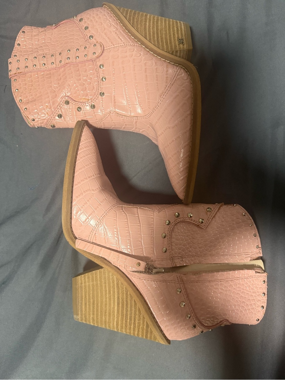 Sam Edelman Pink Croc-Embossed Western Ankle Boots with Stud Accents